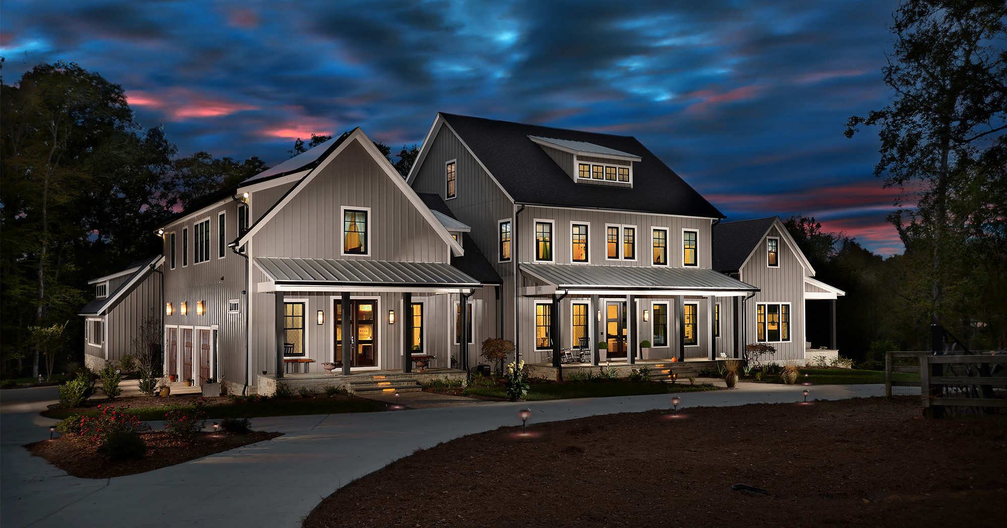 A contemporary home photographed at twilight by Bruce Johnson Studios