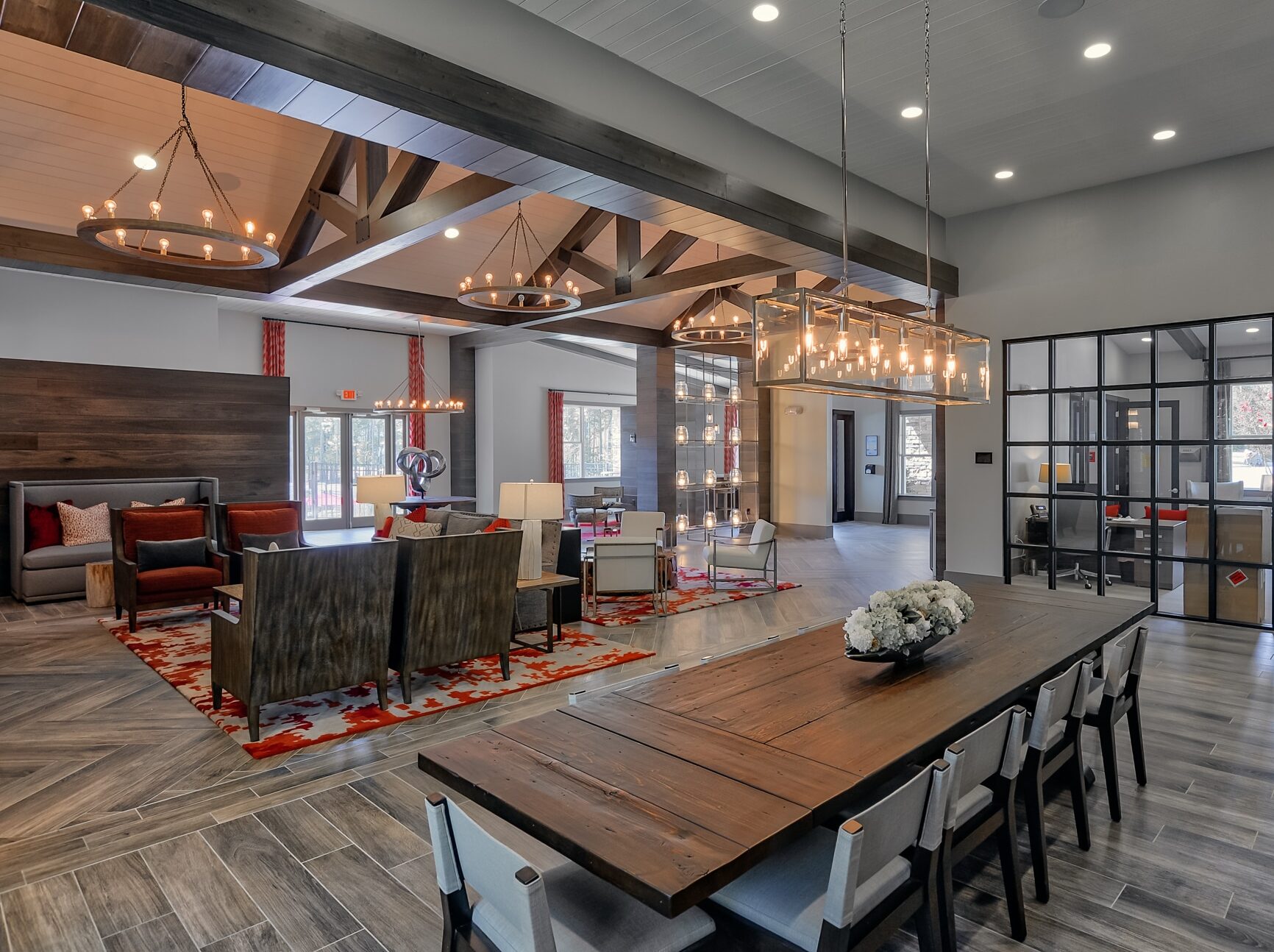 Image shows view of the public room at Lodge at Croasdaile Farm Apartments in Durham, NC by architectural photographer Bruce Johnson
