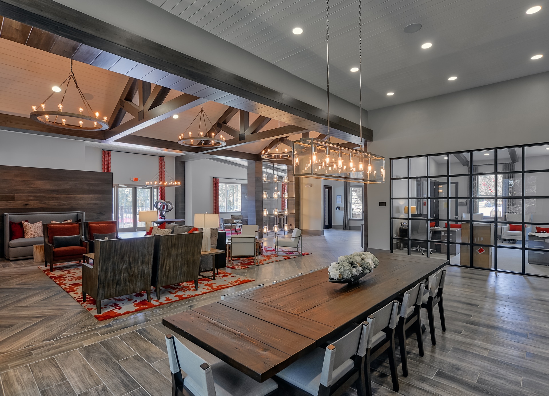 Image shows view of the public room at Lodge at Croasdaile Farm Apartments in Durham, NC by architectural photographer Bruce Johnson