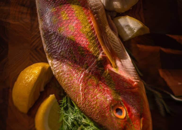 Image shows a colorful yellow tail snapper fish on a cutting board