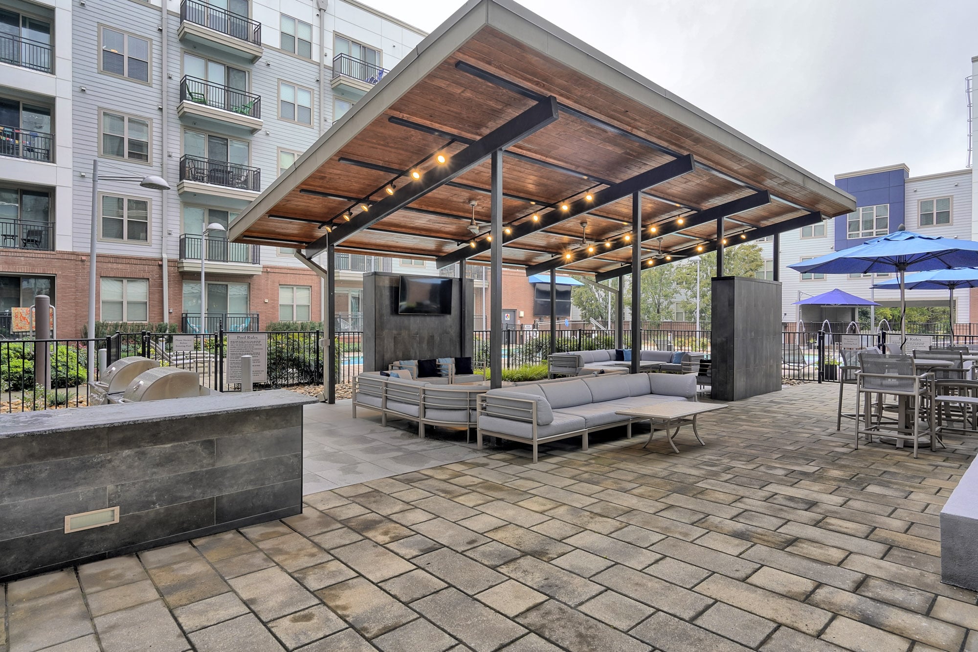 Pool cabana at 605 West End, Durham, NC on a rainy day.
